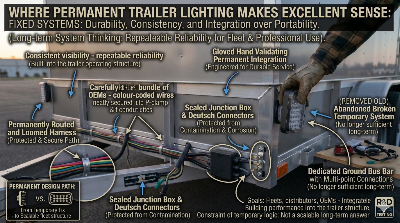 Permanent trailer lighting system with routed harnesses, sealed junction boxes, Deutsch connectors, and dedicated grounding for long-term reliability
